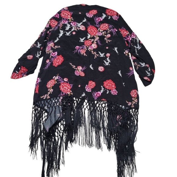 Torrid Floral Fringe Trim‎ Kimono Womens Size 3 Black Pink Rayon Boho Bloomcore - Picture 7 of 8